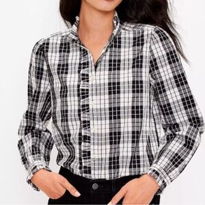 Loft Plaid Top Women’s Size Medium Blouse Long Sleeve Black White Shirt Ruffle